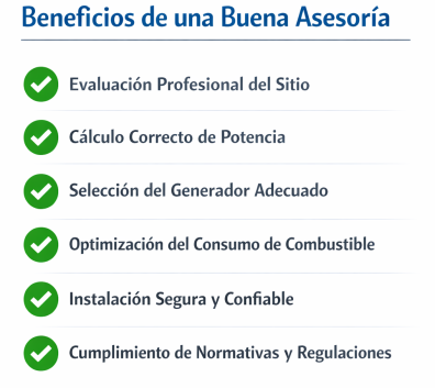 Evaluación profesional del sitio Cálculo correcto de potencia Selección del generador adecuado Optimización del consumo de combustible Instalación segura y confiable Cumplimiento de normas y regulaciones
